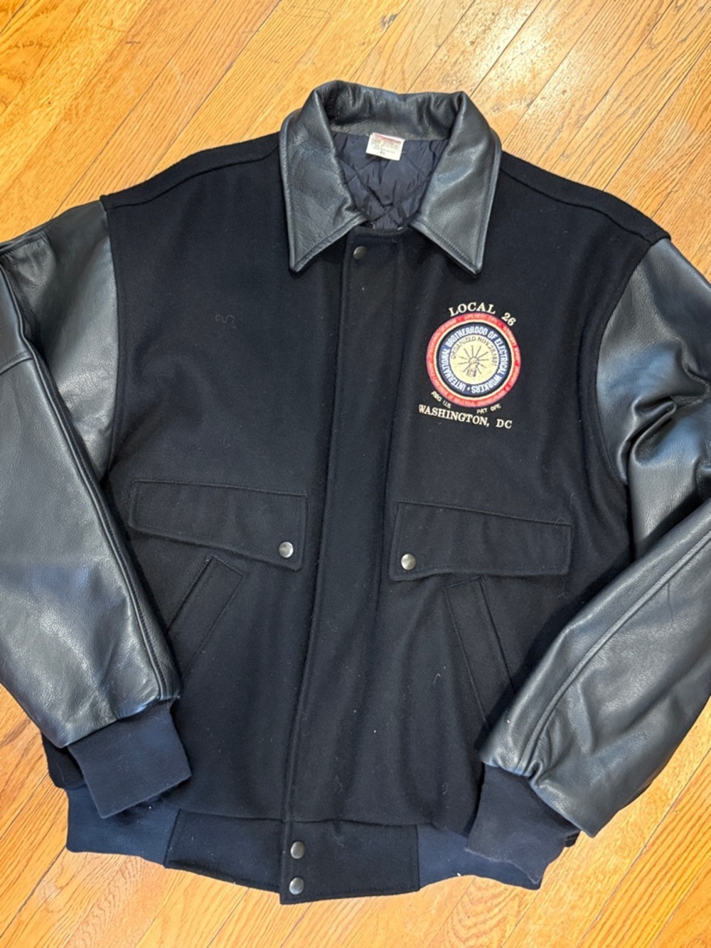 IBEW Local 26 Black Leather Bomber Jacket Washington DC wool patch UNION XL